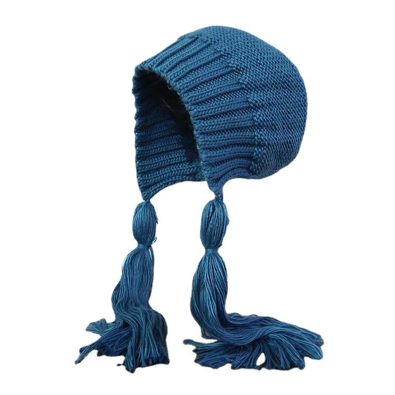 Gorro de Lana Trenzado Largo y Fashionable con Borlas para Mujer