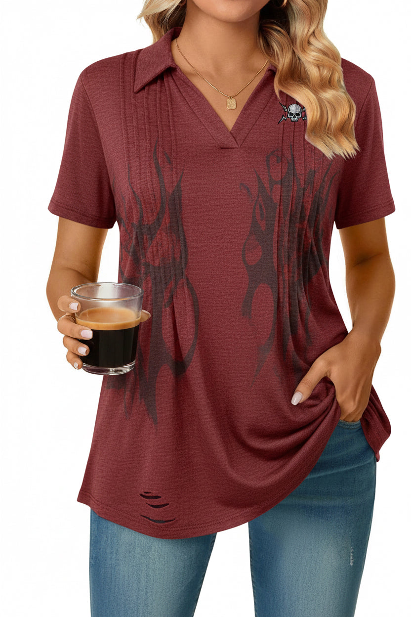 Zeagoo Womens Summer Tops Short Sleeve T Shirt Collar Blouses Dressy Casual V Neck Pleated Tops para Mujer Red L