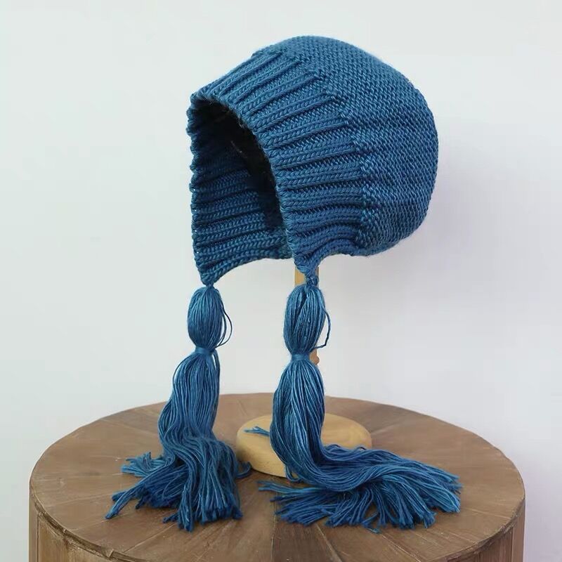 Gorro de Lana Trenzado Largo y Fashionable con Borlas para Mujer