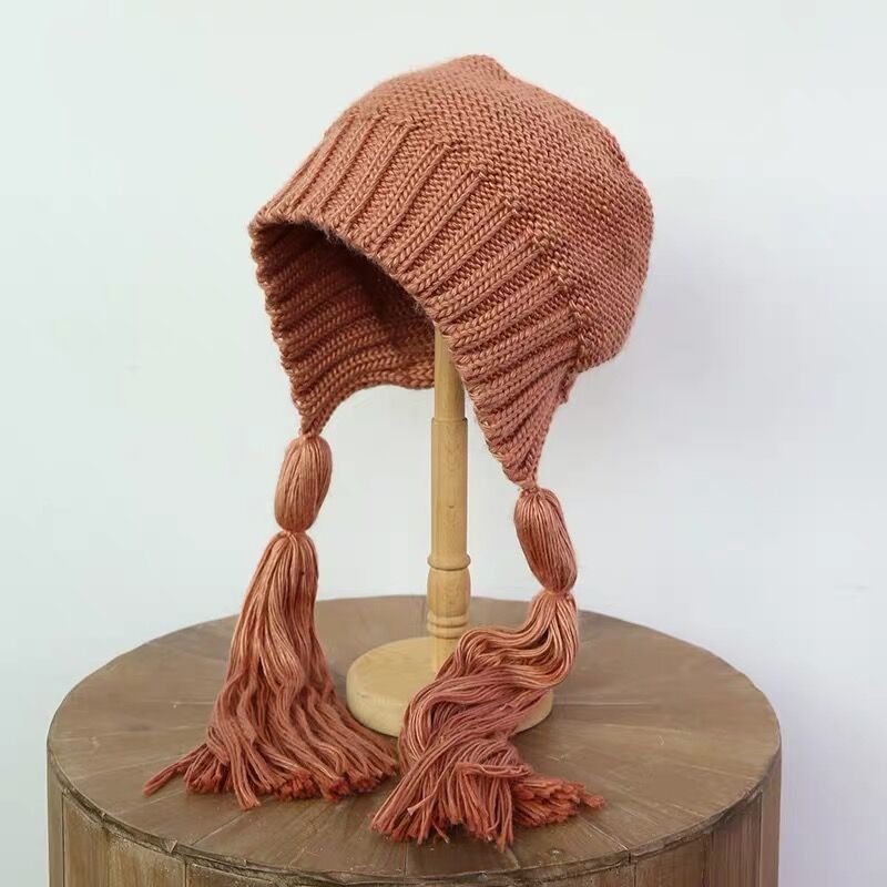 Gorro de Lana Trenzado Largo y Fashionable con Borlas para Mujer