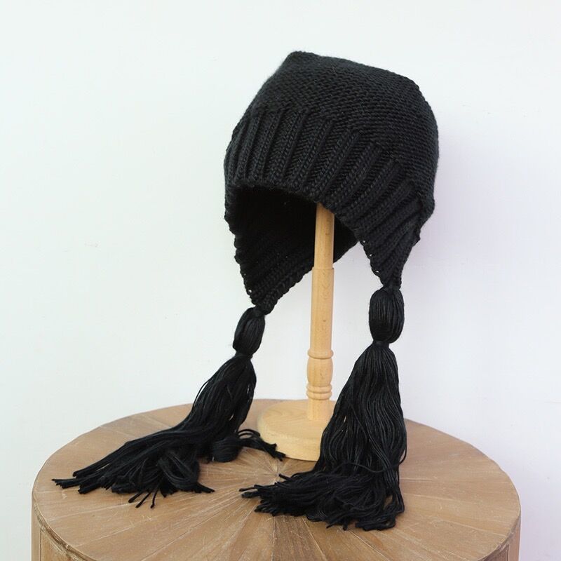 Gorro de Lana Trenzado Largo y Fashionable con Borlas para Mujer