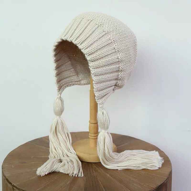 Gorro de Lana Trenzado Largo y Fashionable con Borlas para Mujer