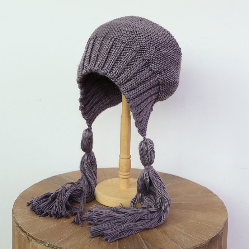 Gorro de Lana Trenzado Largo y Fashionable con Borlas para Mujer