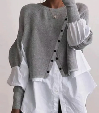 Lily Moda Emma - Suéter de Punto Gris Clásico con Capas