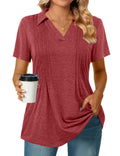 Zeagoo Womens Summer Tops Short Sleeve T Shirt Collar Blouses Dressy Casual V Neck Pleated Tops para Mujer Red L